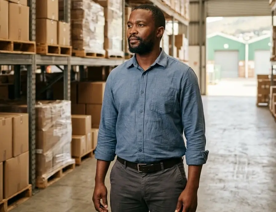 South African SMME owner standing in his stocked warehouse