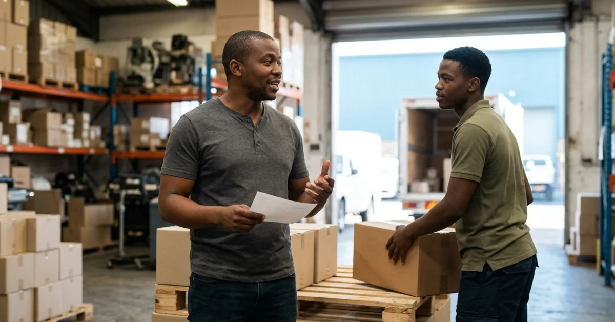 Warehouse team loading stock while an SMME owner checks a delivery schedule on site
