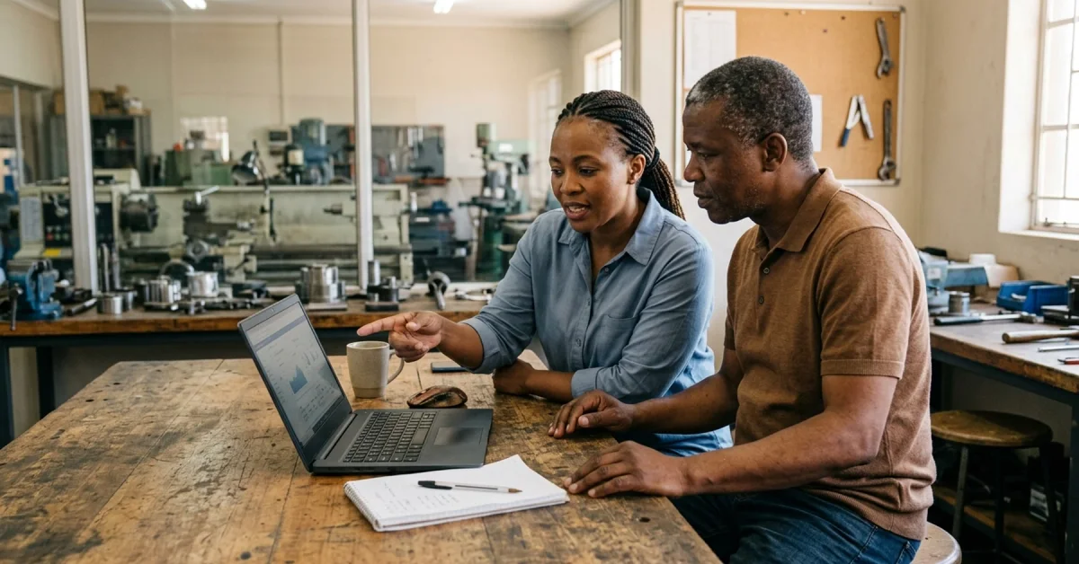 Two business partners comparing funding costs on a laptop at a workshop table