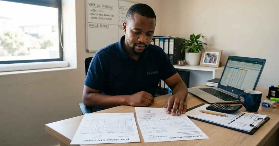 Business fuel loans vs fuel cards South Africa - SMME owner comparing a fuel card statement and a customer invoice