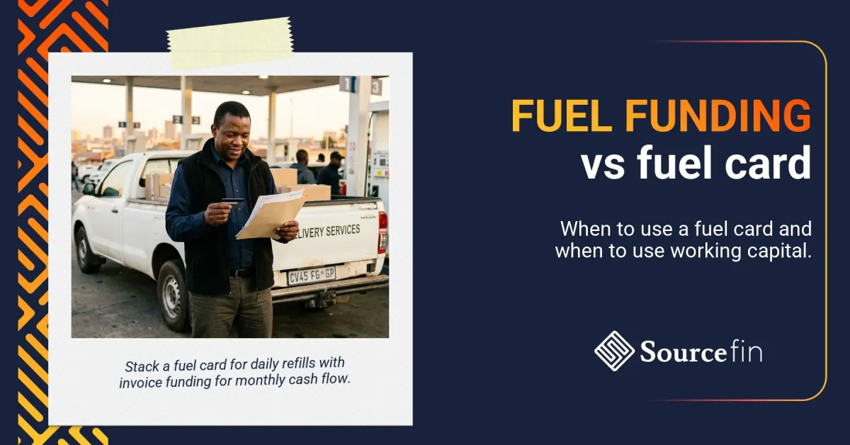 Business fuel loans vs fuel cards South Africa - SMME fleet owner comparing a fuel card and an invoice at a forecourt