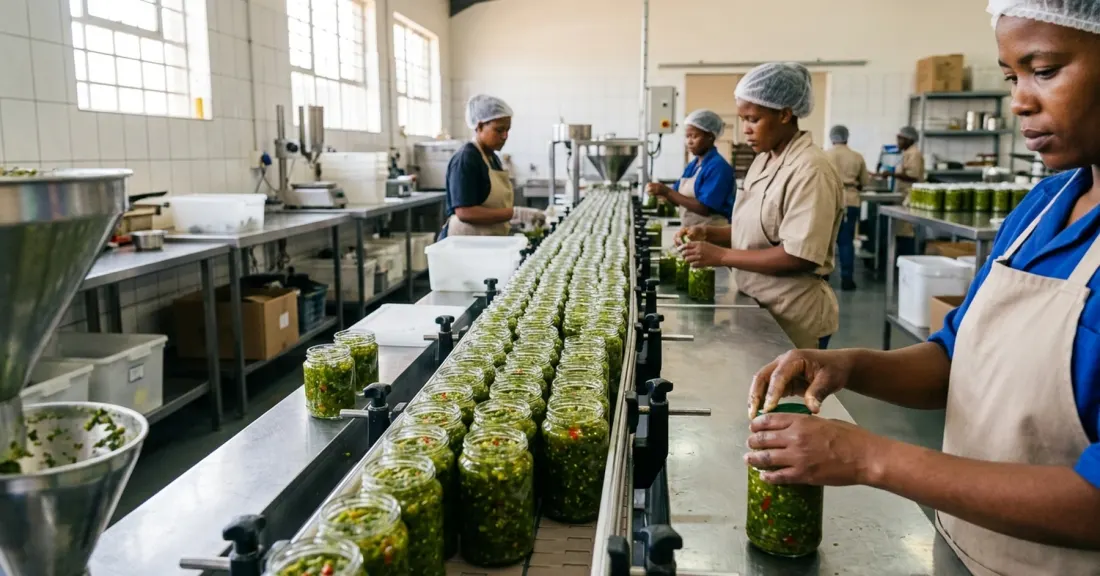 Chuck Chilli production line of unlabelled green chilli relish jars being filled and packed for retail dispatch in South Africa