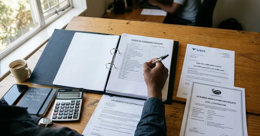 Diesel tender funding south africa compliance and bid file at SMME office desk