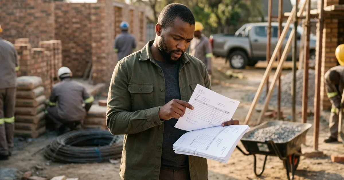 Construction SME owner checking supplier delivery notes against a confirmed purchase order on site