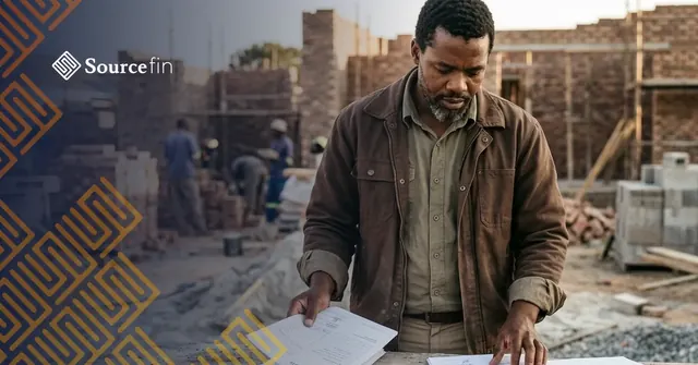 Construction SME owner reviewing purchase order paperwork on a trestle table at a building site