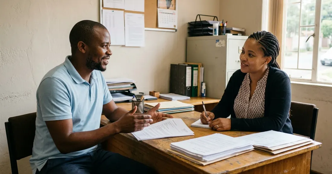 South African SMME owner at office desk planning cash flow strategy during fuel price resilience challenge