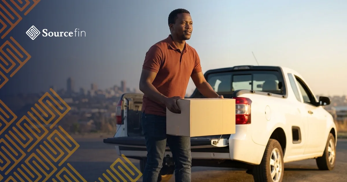 Gauteng SMME owner unloading delivery boxes from his bakkie with the Johannesburg skyline behind him