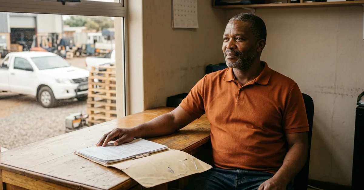 South African SMME owner comparing government funding options for a small business at a workshop desk