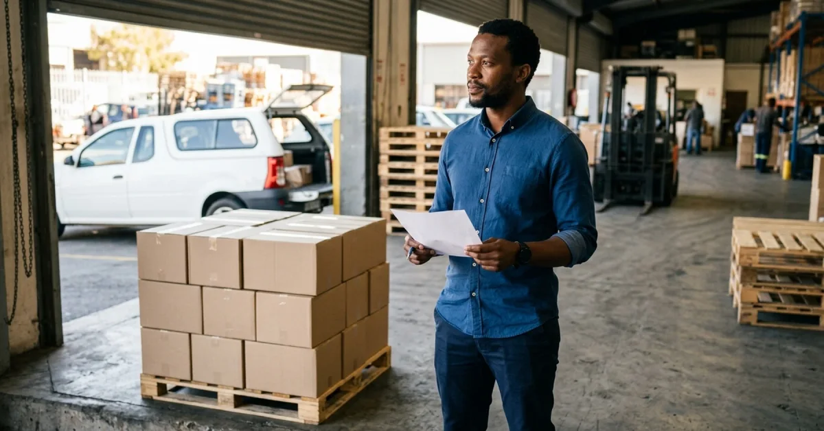 South African SMME owner checking a delivery against a purchase order at a supplier loading bay