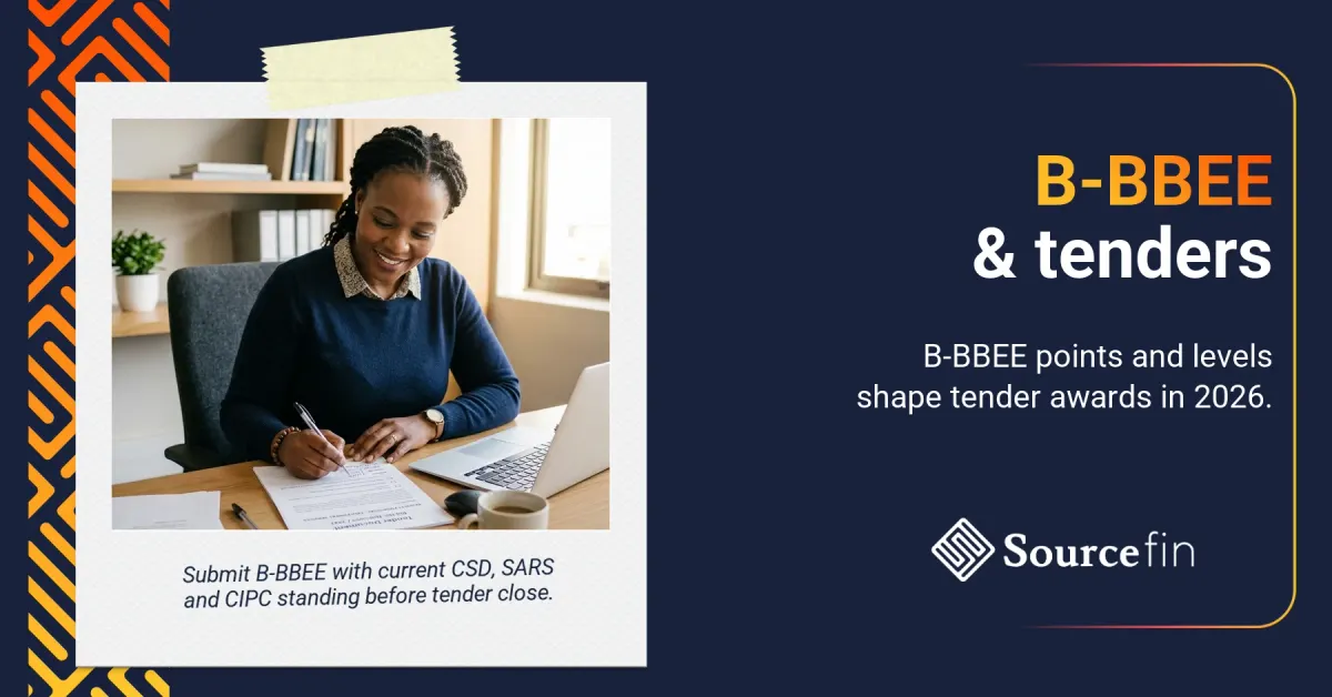 Government tenders B-BBEE South Africa: SMME owner reviews tender documents at her desk