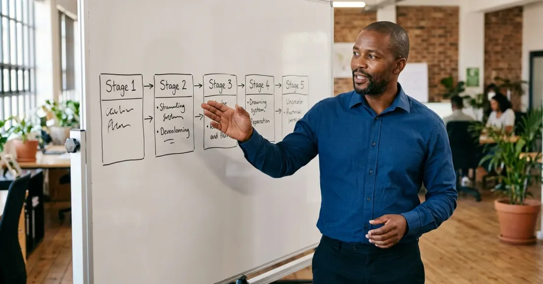 Purchase order funding timeline reviewed by South African SMME owner with delivery schedule on whiteboard
