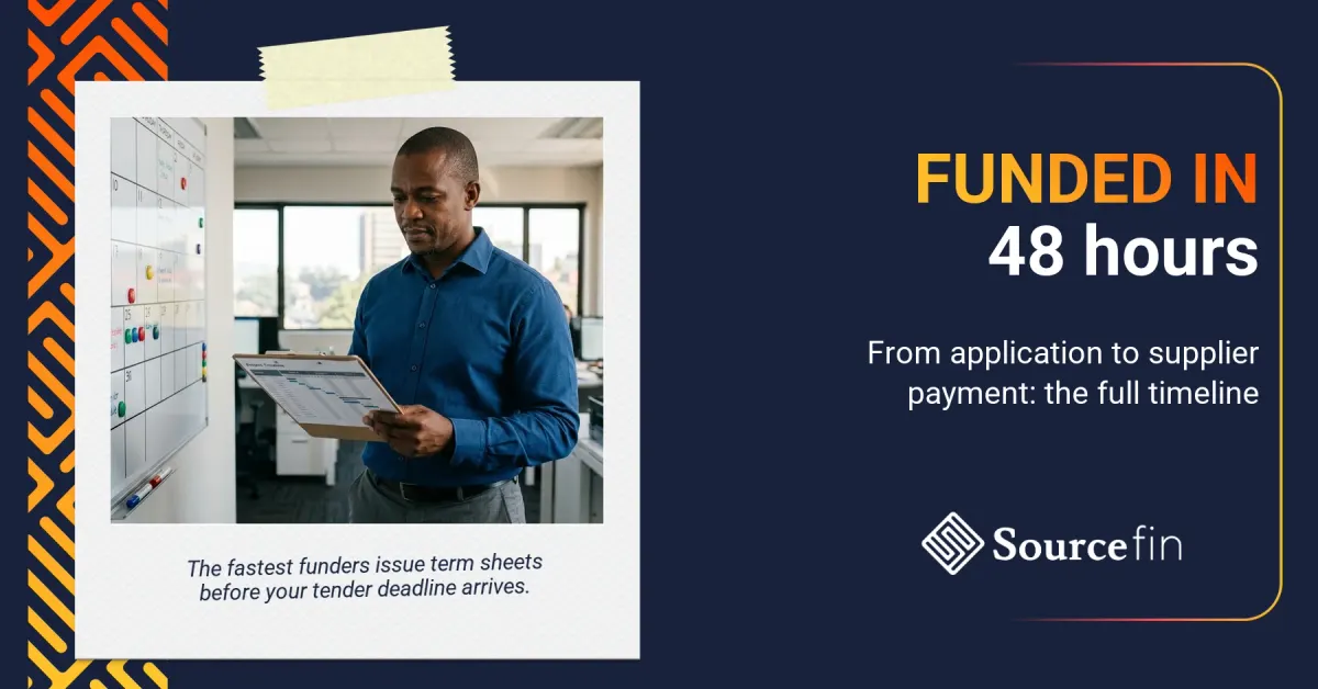 Purchase order funding timeline reviewed by South African male SMME owner with schedule in hand