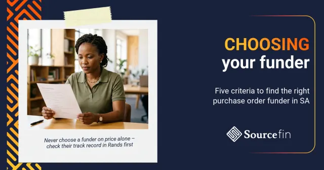 South African SMME owner evaluating purchase order funder options using a selection checklist