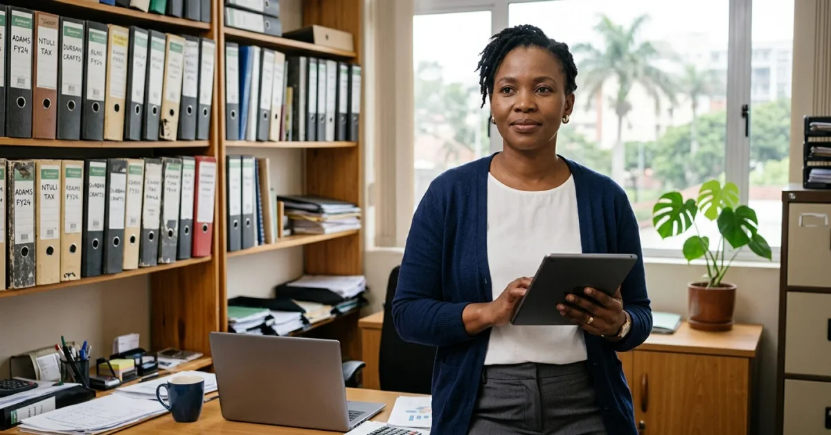 South African accountant in a small practice office reviewing a client file on a tablet