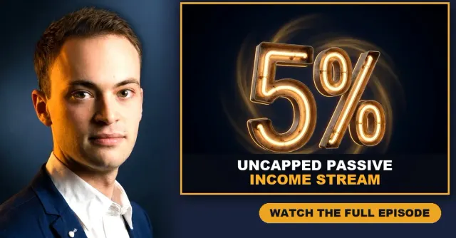 Justin Blem of Sourcefin beside a neon 5% sign, artwork for an episode on earning uncapped commission referring SMMEs