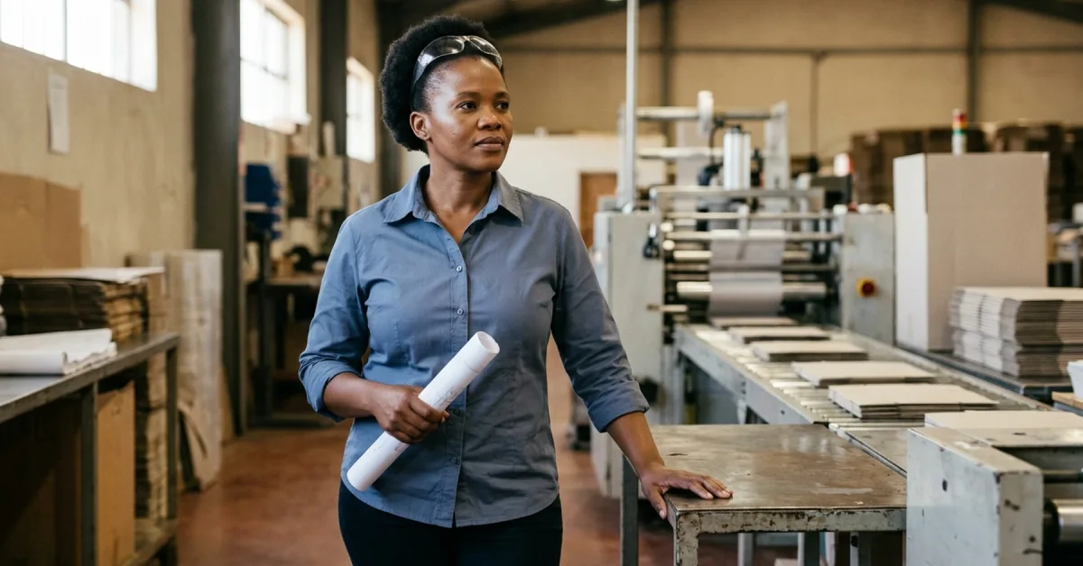 South African manufacturing business owner reviewing plans on the factory floor while preparing an IDC funding application