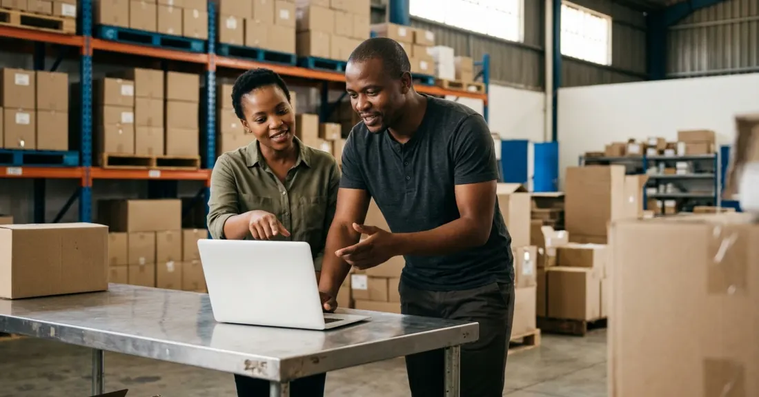 South African SMME owner reviewing supply chain data on a tablet at a small distribution warehouse