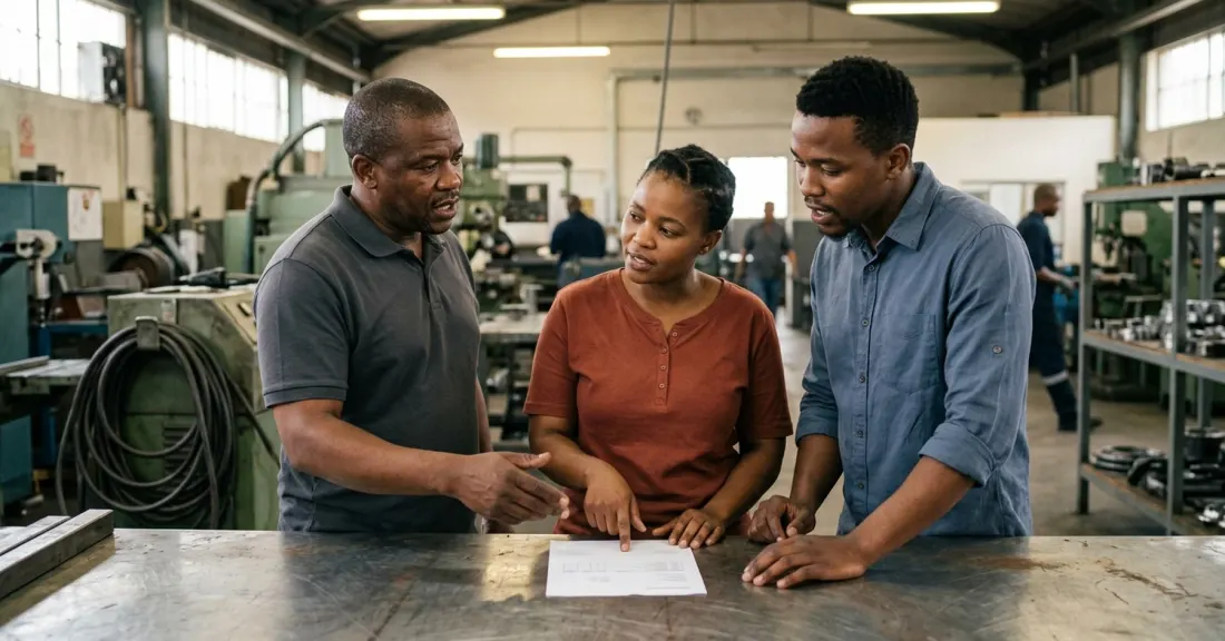 South African manufacturing SMME team reviewing a corporate purchase order on the production floor