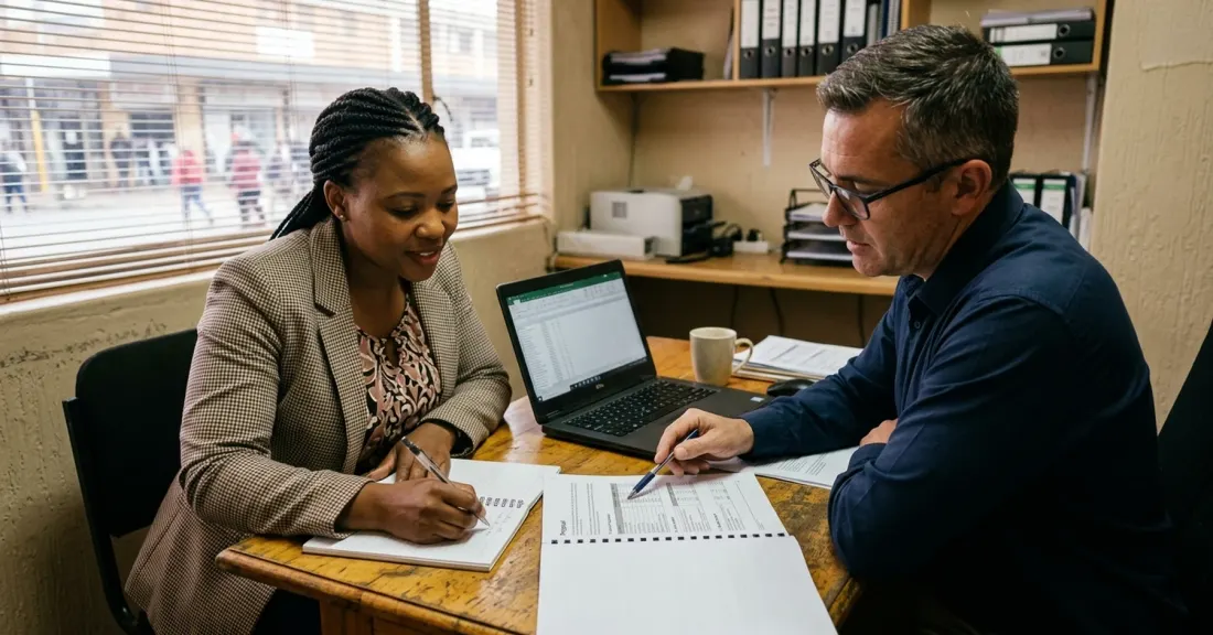 invoice discounting costs South Africa – South African SMME owner reviewing a structured invoice discounting quote with an advisor