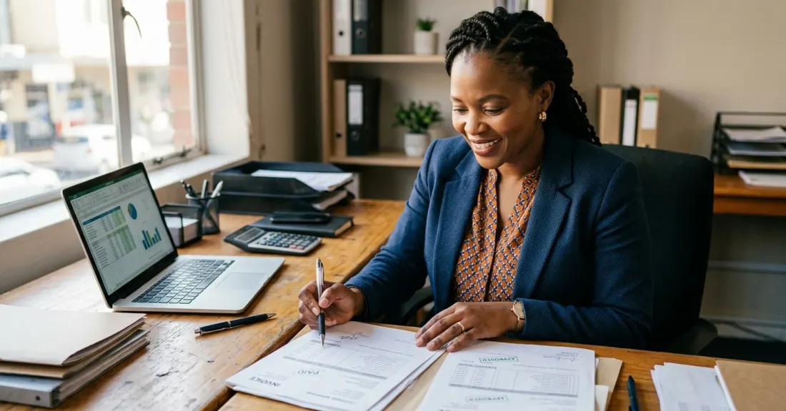 Invoice discounting for B-BBEE compliant SMMEs in practice: SA SMME owner reviewing a customer-approved invoice and procurement paperwork