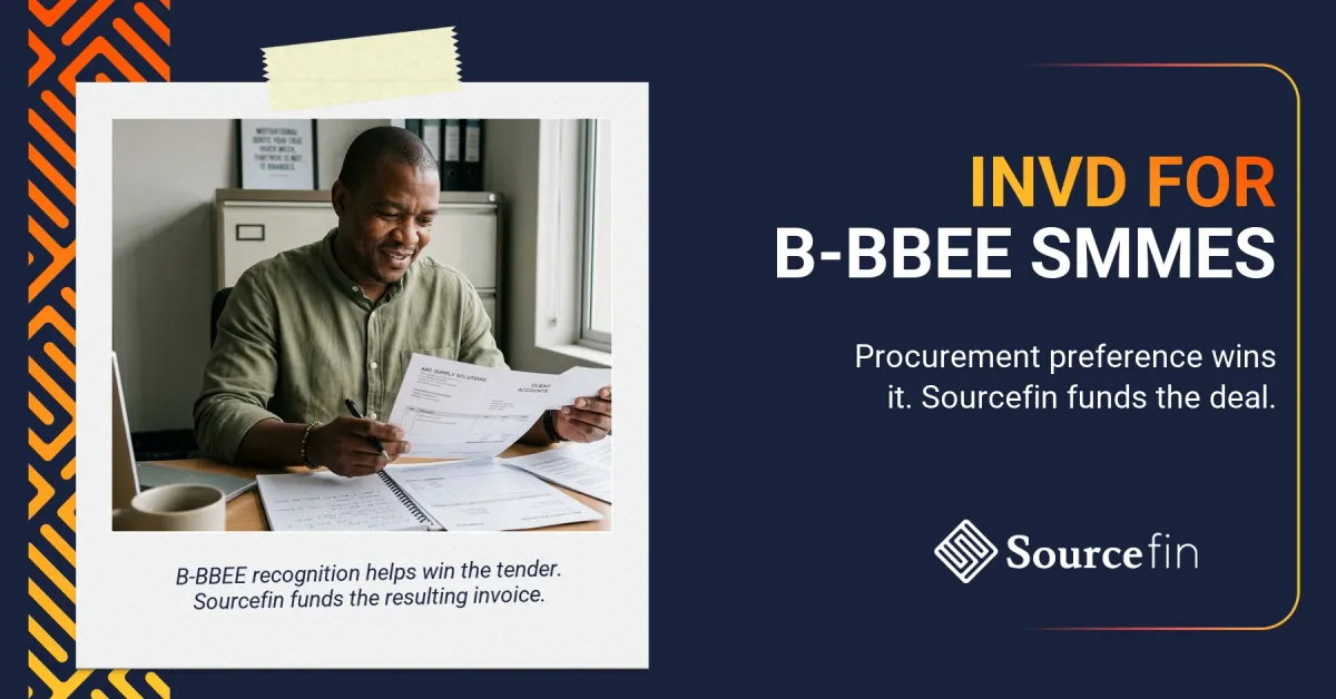 Invoice discounting for B-BBEE compliant SMMEs: SA SMME owner reviewing a procurement document at his desk