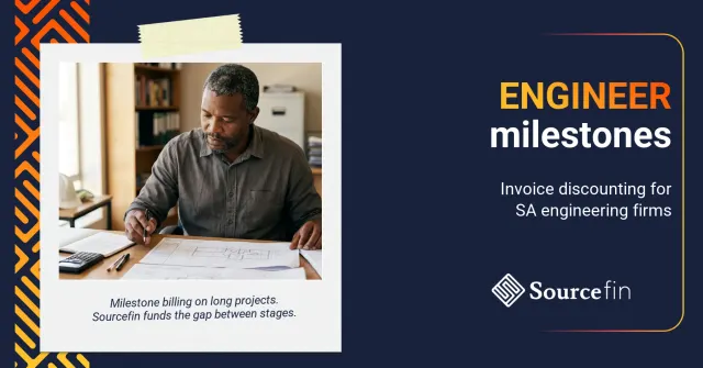 Invoice discounting for engineering services: SA engineering SMME owner reviewing drawings and billing schedule