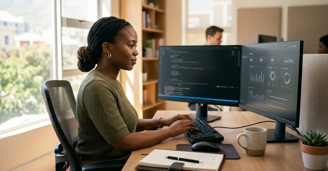 Invoice discounting for IT businesses in practice: SA tech SMME owner working at his workstation on a corporate client project