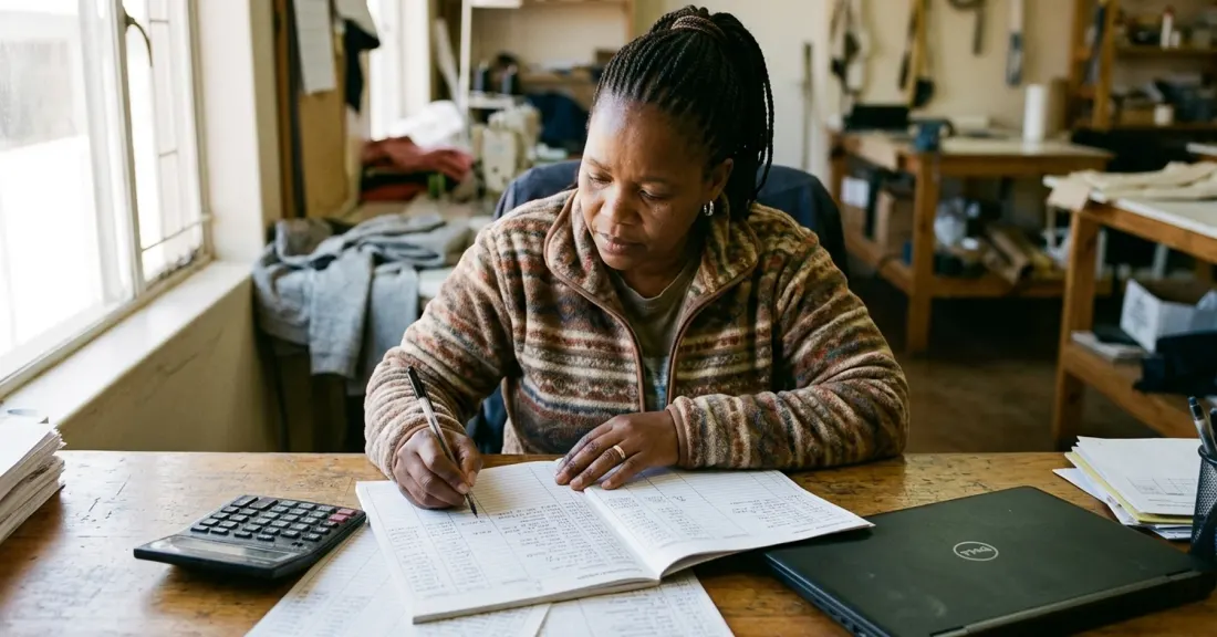 Invoice discounting for multiple customers in practice: SA SMME owner reviewing a multi-customer ledger with several invoices in flight