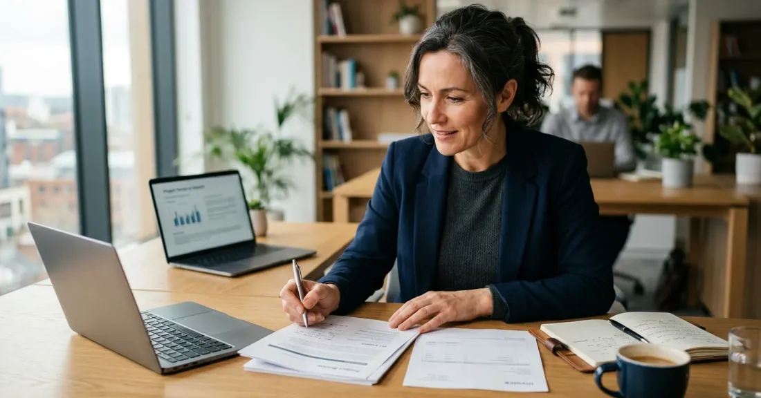 Invoice discounting for professional services in practice: SA consultancy SMME owner reviewing a client report and customer invoice