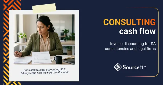 Invoice discounting for professional services: SA consultancy SMME owner reviewing a client report at her desk