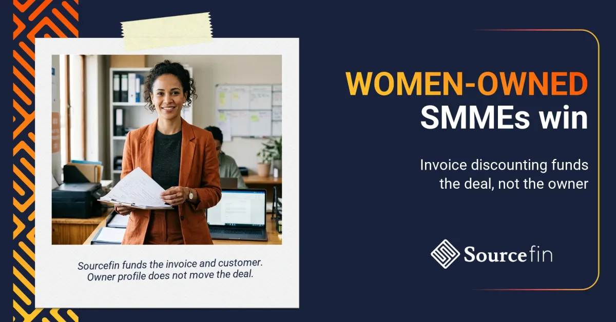 Invoice discounting for women-owned businesses: SA SMME owner at her workspace holding a customer invoice