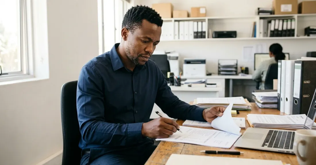 South African healthcare supply business owner reviewing invoices at desk – invoice discounting healthcare working capital