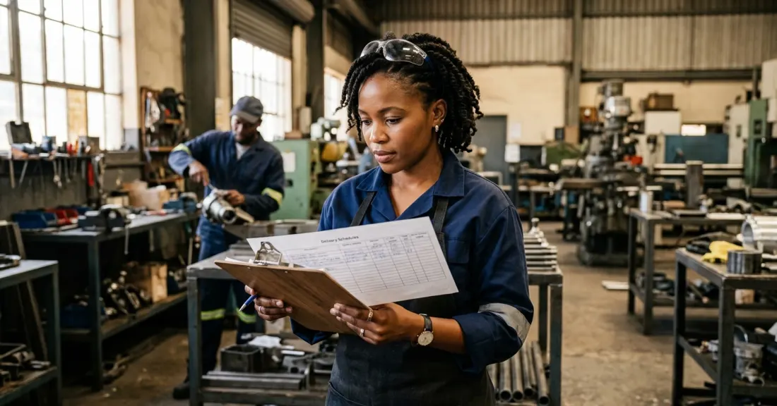 invoice discounting manufacturers South Africa – South African production manager reviewing delivery schedules and customer invoices on the factory floor