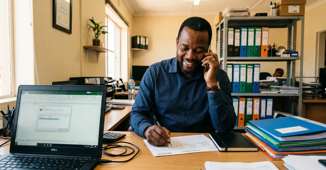 invoice discounting timeline South Africa – South African SMME owner mid-call with a Sourcefin representative discussing facility setup