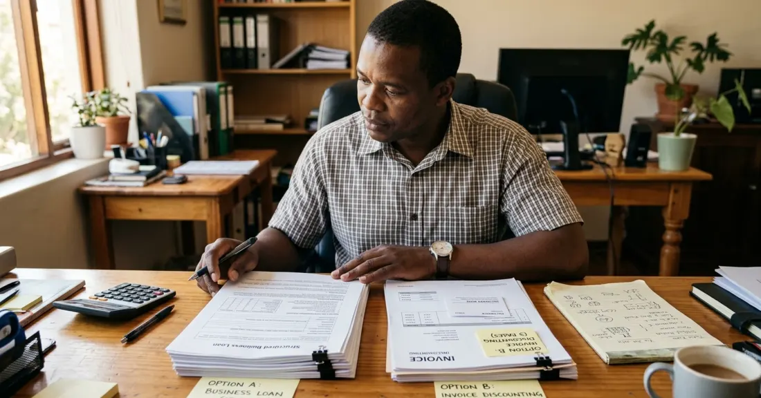 Invoice discounting vs short-term business loan in practice: SA SMME owner comparing the two product structures side by side