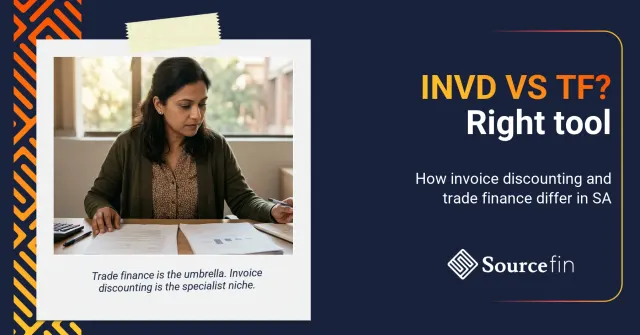 Invoice discounting vs trade finance: SA SMME owner comparing two product options at her desk