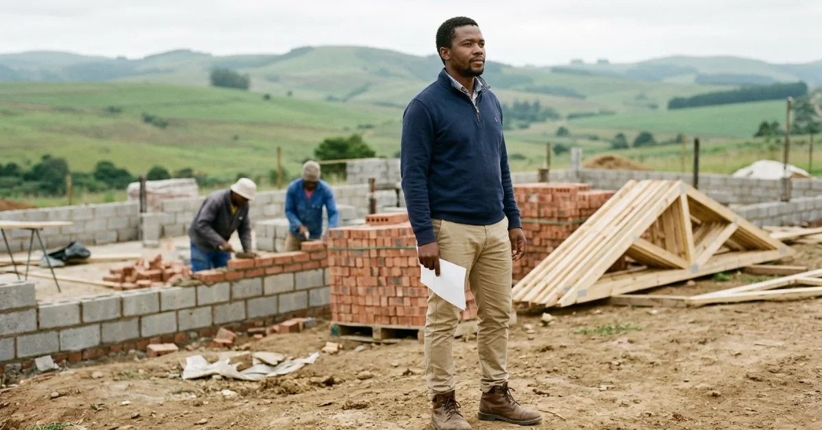 KZN building contractor holding a tender award letter on a school construction site near Pietermaritzburg