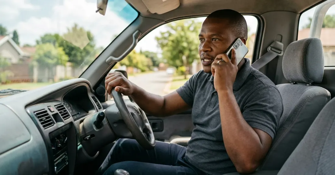 South African SMME owner making a business call to follow up on a late payment from a client