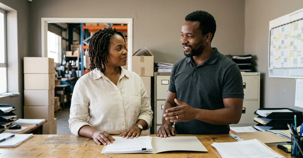 Black South African business owner reviewing an NEF funding application with a colleague in a small business office