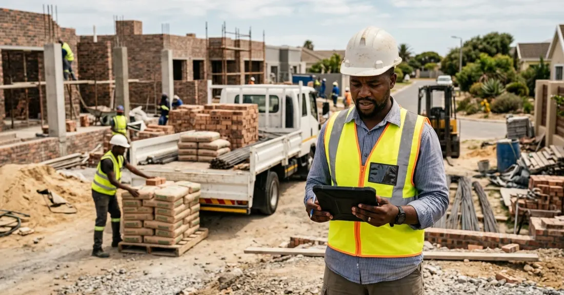 purchase order finance construction South Africa – South African contractor coordinating a building materials delivery on-site for an awarded construction job