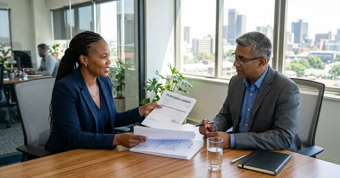 purchase order funding bad credit South Africa -- SMME owner presenting tender documents during a Sourcefin funding assessment