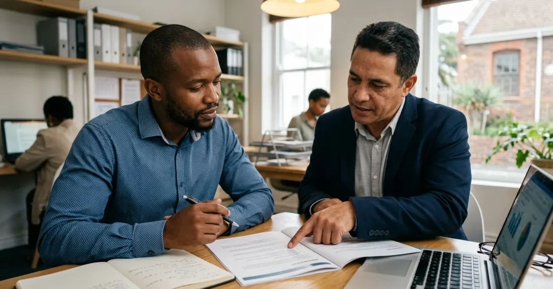purchase order funding costs South Africa – South African SMME owner reviewing a structured PO funding quote with an advisor