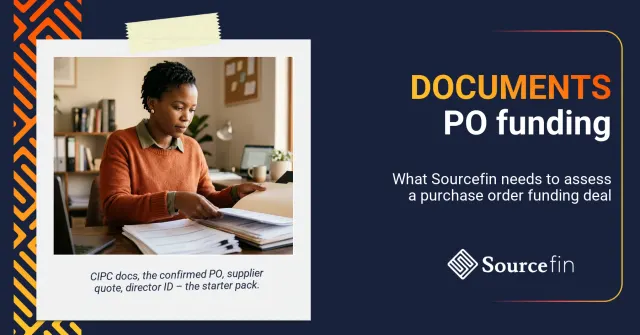 Purchase order funding documents required: SA SMME owner organising application paperwork at her desk