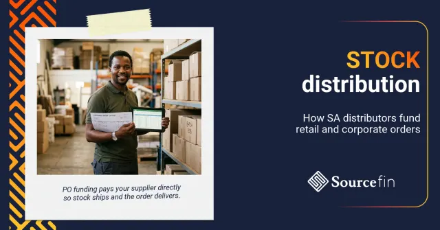 Purchase order funding for distributors: SA wholesale SMME owner reviewing a purchase order at his warehouse shelving