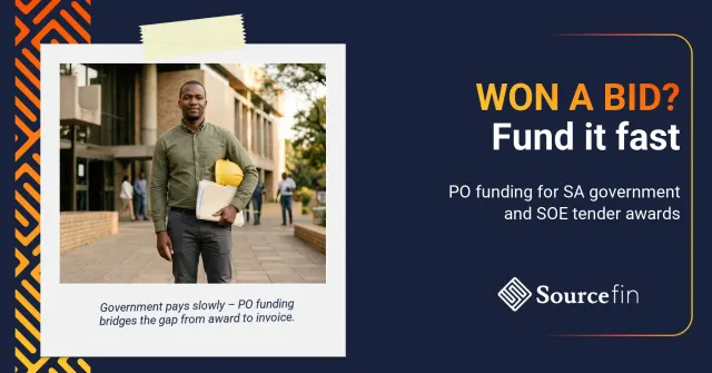 purchase order funding government tenders South Africa – South African SMME contractor outside a government building with awarded tender documents