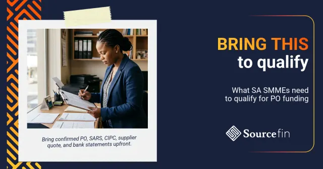 purchase order funding requirements South Africa – South African SMME owner ticking off her PO funding application checklist