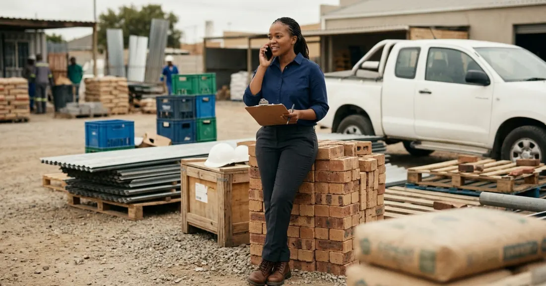 South African female SMME owner confirming a supplier order by phone at a construction site