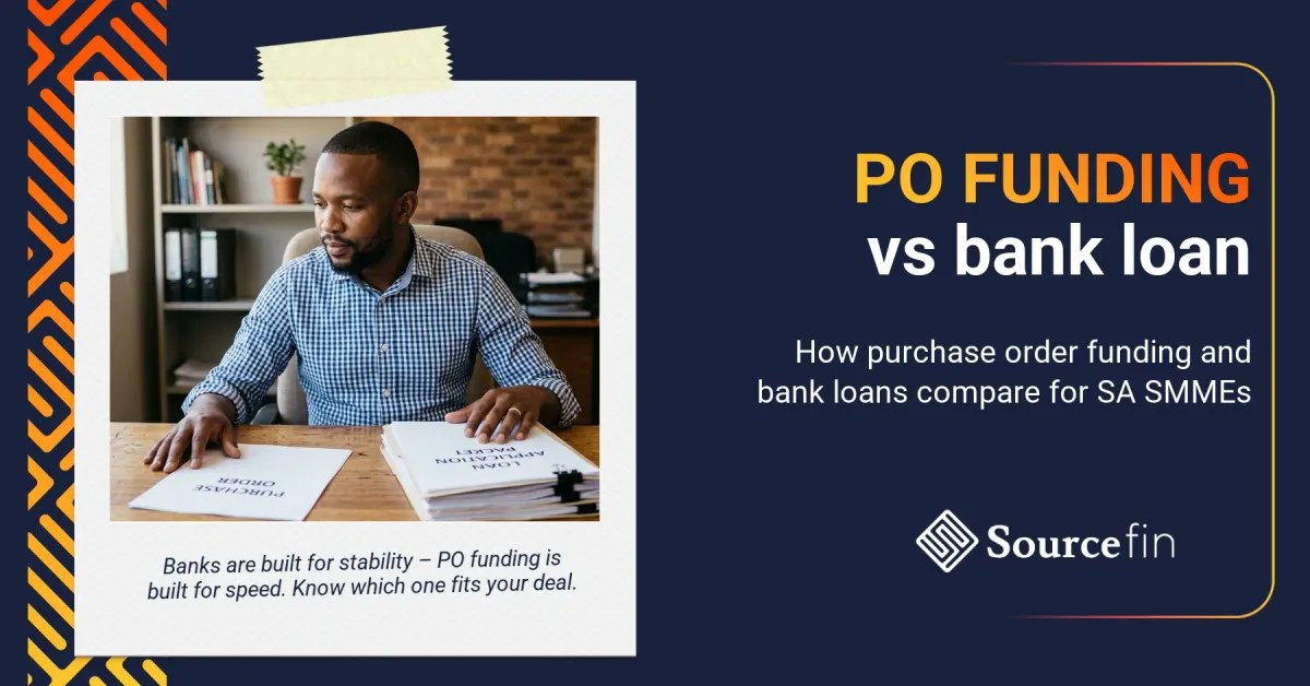 South African SMME owner comparing purchase order funding versus bank loan documents at a desk
