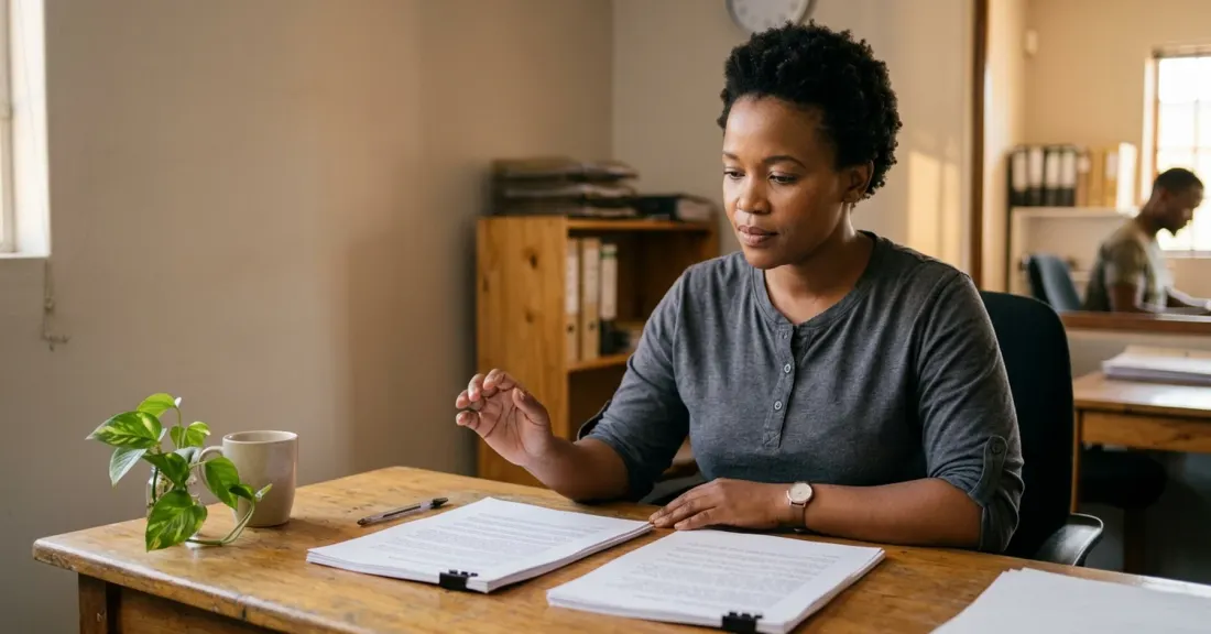 Purchase order funding vs business loan: South African SMME owner reviewing two funding options at a desk