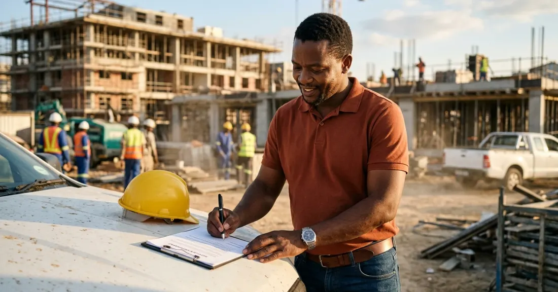 Purchase order funding vs business loan: South African contractor signing supplier agreement on a project site